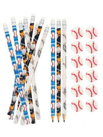 6/12sets Baseball Pencils And Erasers, Baseball Party Pencils And Erasers, Sports Pencils And Sports Ball Erasers Fun Wooden Pencils With Sports Eraser Sets For Baseball Themed Birthday Party Favors, New Year Gifts