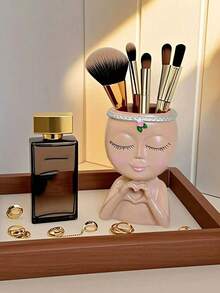 Simple Desktop Heart-Shaped Makeup Brush Organizer, Cute Girly Design Pen Holder, Multi-Functional Plastic Vase-Style Makeup Brush Organizer - Multicolor - View 2