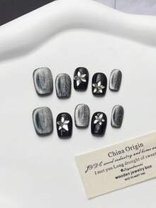 10PCS High-Quality Handmade Giant Black Starry Sky Cat Eye Sparkling Frosted Short Press Nails Suitable For Women's Daily Wear, Parties, And Gatherings. Black Press Nails Come With Jelly Glue And Rubbing Strips As A Gift. [Essential Nails For Autumn And Winter]