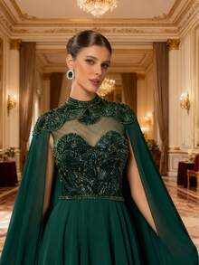 DELLA COUTURE Green Extra Long Cloak Sleeve Slim Chiffon Evening Gowns Unique Beaded Sequins Decoration Design Floor Length Dresses For Dinner Prom Party Formal Occasion Dresses Cocktail Party Long Dress - Green - View 4