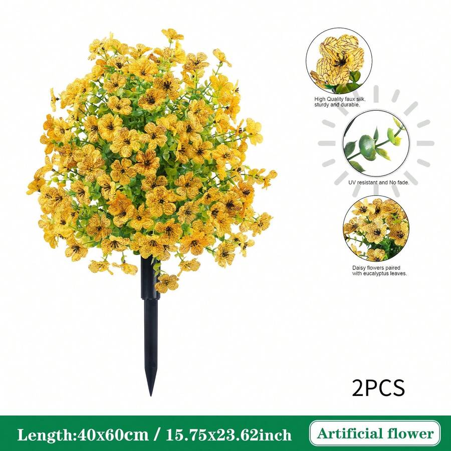 2PCS Artificial Eucalyptus Violet Ground Stakes Flowers, UV Resistant Faux Silk Plants For Spring Summer Garden, Patio, Home Decor, Lifelike Greenery Bouquet - 黃色 - 查看 1