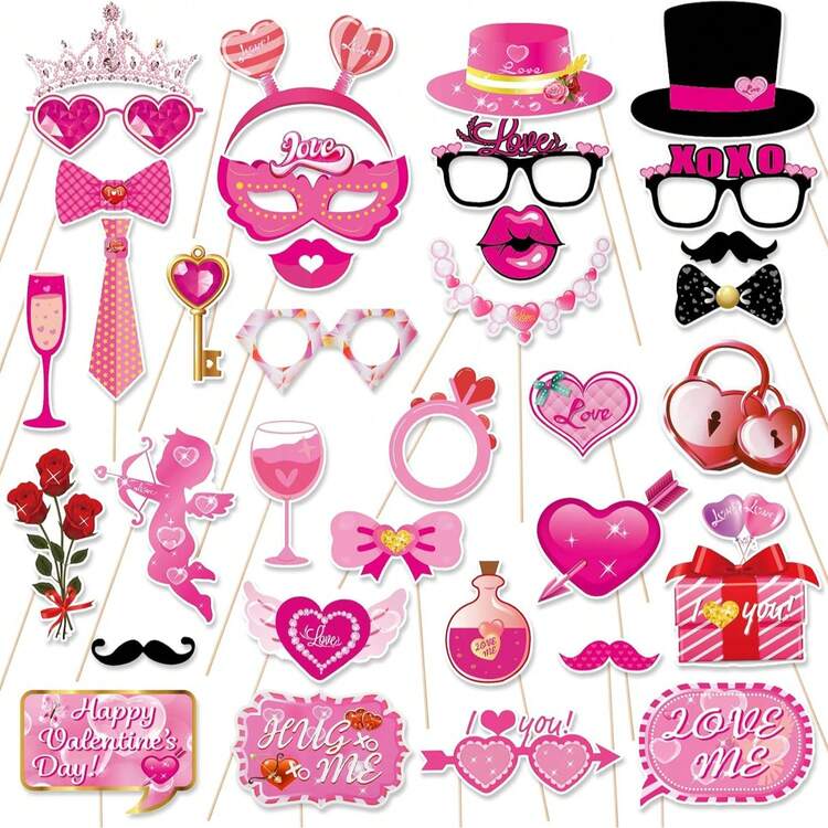 35pcs Valentine's Day Photography Booth Props, Valentine's Day Decorations, Photo Booth Props, Including Love, Rose, Cupid's Arrow, Engagement Party Photo Booth Supplies, Party Favors - Multicolor - View 3