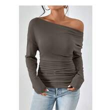 Women's Plain Minimalist Basic Ruched Asymmetrical Neck Drop Shoulder Tee, Elegance Mufti Clothes, Fall Long Sleeve T-Shirt For Everyday, Back To School T Shirts, Lady Clothes For Streetwear, Womenswear, Casual Wear - 棕色 - 查看 1