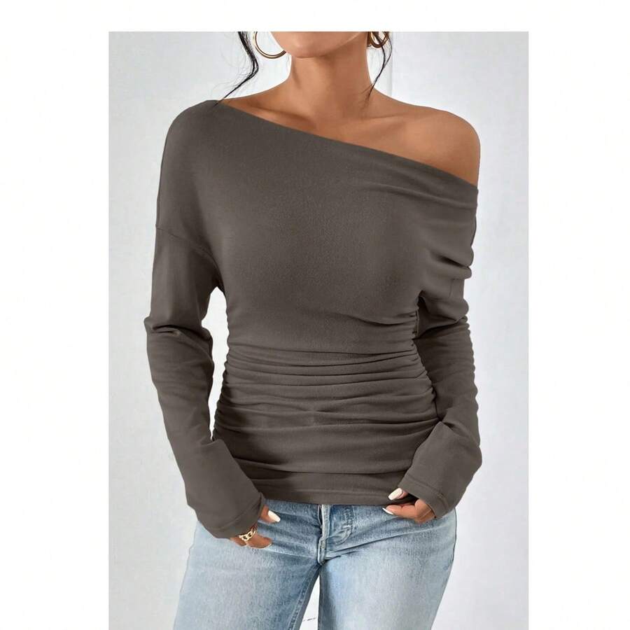 Women's Plain Minimalist Basic Ruched Asymmetrical Neck Drop Shoulder Tee, Elegance Mufti Clothes, Fall Long Sleeve T-Shirt For Everyday, Back To School T Shirts, Lady Clothes For Streetwear, Womenswear, Casual Wear - 棕色 - 查看 1