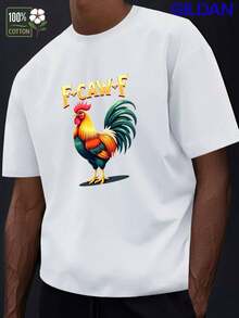 Camiseta de Manga Corta para Hombre GILDAN con Logo de Gallo en Negrita y Tipografía Dorada - Cuello Redondo Casual para Verano, Corte Regular para Atuendos Informales, Lavable a Máquina, Ropa Cómoda y Duradera para Oficina o Eventos Sociales - Reconocimiento de Marca - Blanco - Ver 2