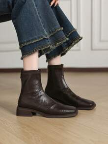 Women's French Style Versatile Ankle Boots, Fashionable Chunky Heel Short Boots With Back Zipper, Autumn/Winter - Brown - View 5