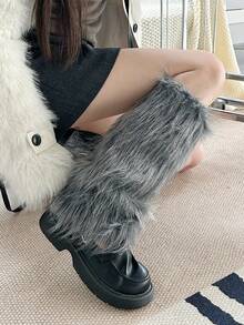 女士毛绒腿套 - 4 色可选，蓬松人造毛皮腿套，Y2K 哥特朋克风女式腿套，保暖 Cosplay 派对街头时尚配饰 - 彩色 - 查看 7
