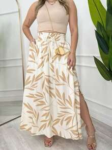 Long, Printed Viscose Skirt, Lined, High Waist With Pockets And Side Slits. - 米色 - 查看 1