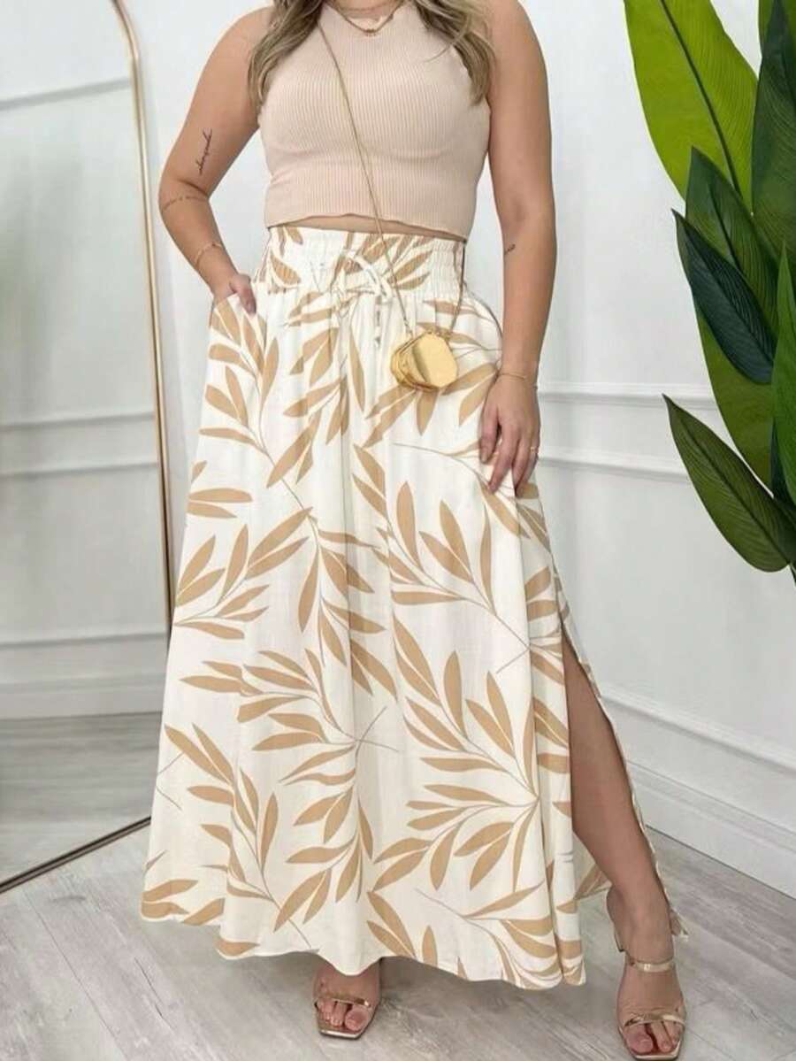 Long, Printed Viscose Skirt, Lined, High Waist With Pockets And Side Slits. - 米色 - 查看 1