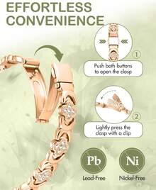 Pulseras y anillos de cobre puro Feraco para mujeres, pulsera magnética ultrafuerte para mujeres con imanes de neodimio y zirconia cúbica brillante, ajustable, joyería de trébol infinito - Oro rosa - Ver 5