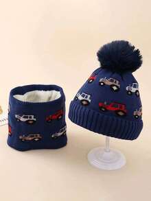 2pcsBoys' Winter Warm Hat And Scarf Set With Truck And Car Winter Adventure Patterns - Thick Knit Balaklava Hat And Brimless Beanie, Elastic For Outdoor Play, Comfortable Cold Weather Clothing, Perfect Christmas And Thanksgiving Outfit - Multicolor - View 7