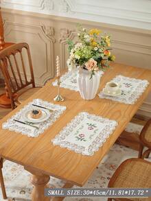 Polyester Linen Natural Table Runner, Pink Rose Cross-Stitch Embroidery, Double-Sided Wavy Hollow Crochet Lace Edge, Vintage Botanical Style Dining Table Coffee Table Tablecloth, Wedding Farmhouse Home Kitchen Decor - Multicolor - View 9