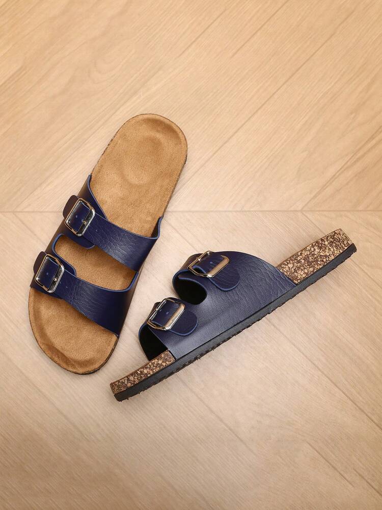 Nuevas zapatillas de estar por casa para hombres con suela de corcho suave y elegante, parte superior de PU ajustable, antideslizantes, cómodas, livianas e ideales para interiores - Azul oscuro - Añade 2