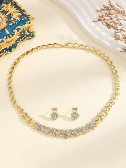 3 قطع طقم مجوهرات فاخر للنساء: أقراط وقلادة بحجر الراين بلون ذهبي