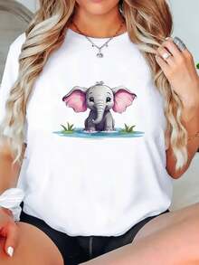Camiseta 100% algodón de Talla Grande para Mujeres Jóvenes con Estampado de Elefante - 100% Casual Cuello Redondo Manga Corta Top para Primavera/Verano Ropa Urbana, Ropa de Tallas Grandes | Estampado de Elefante Juguetón | Textura Brillante - Blanco - Ver 2