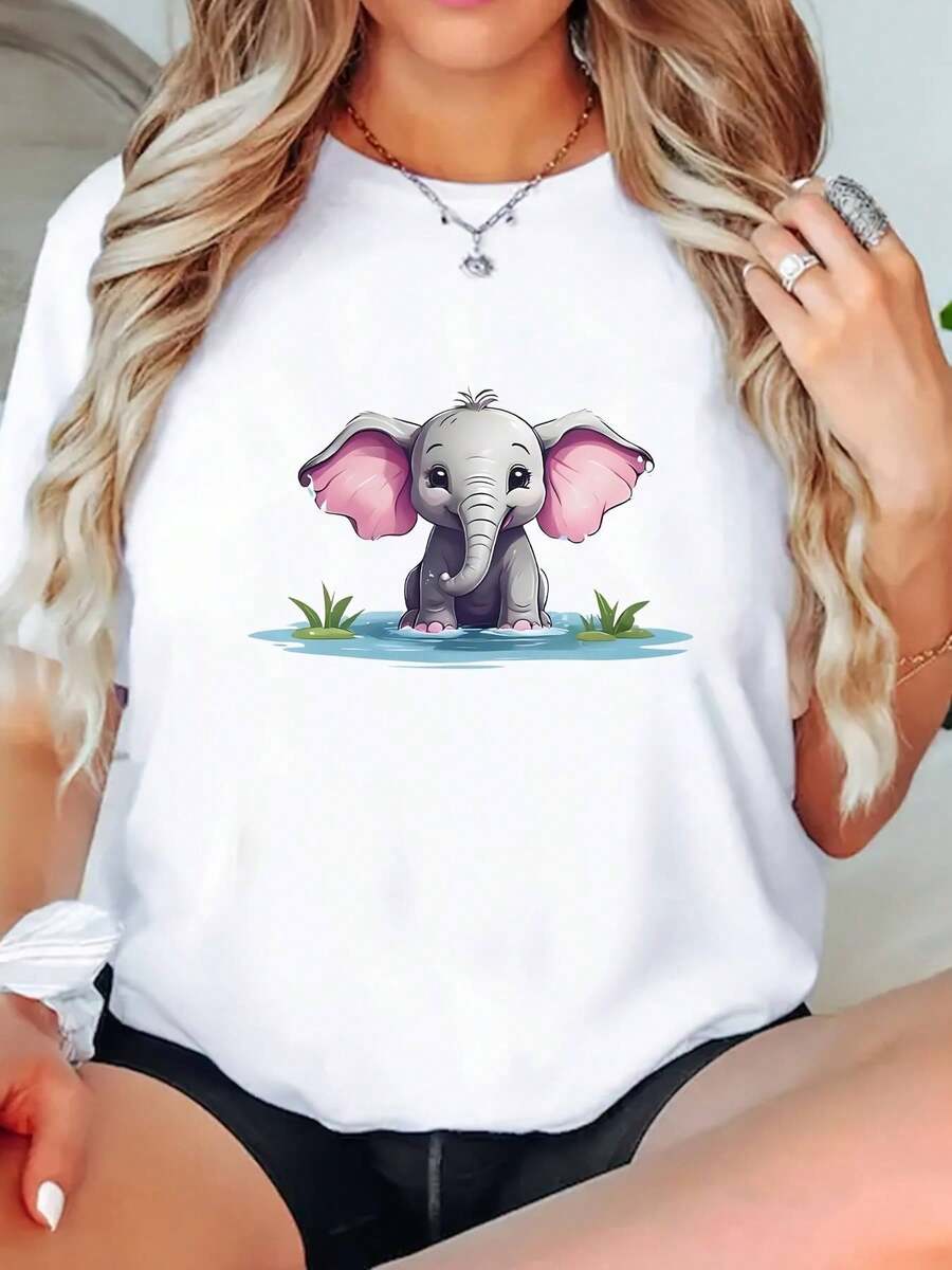 Camiseta 100% algodón de Talla Grande para Mujeres Jóvenes con Estampado de Elefante - 100% Casual Cuello Redondo Manga Corta Top para Primavera/Verano Ropa Urbana, Ropa de Tallas Grandes | Estampado de Elefante Juguetón | Textura Brillante