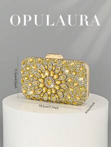 Bolso de mano de lujo para mujer OpulAura, con caja mini brillante con diamantes de imitación en color dorado, bolso de noche con brillo para ocasiones formales, bolso de fiesta/boda/gala de moda con cadena