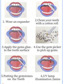 Zestaw 220 sztuk samoprzylepnej biżuterii na zęby, modne akcesoria do zębów z kryształkami, lśniąca biała ozdoba na zęby, płaskie diamenty w kształcie motyli, zestaw materiałów do pielęgnacji zębów, europejski i amerykański styl hip-hopowy w stylu gotyckim Y2K, zawiera wszystkie narzędzia - Zestaw biżuterii zębowej - Zobacz 4
