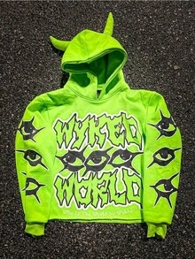 Harajuku Y2K Hoodie Casual Devil Horn Sweatshirt Streetwear Devil Corner Hoodie Unisex Loose-Fitting Street Style Pullover - Màu xanh chanh - Xem 5