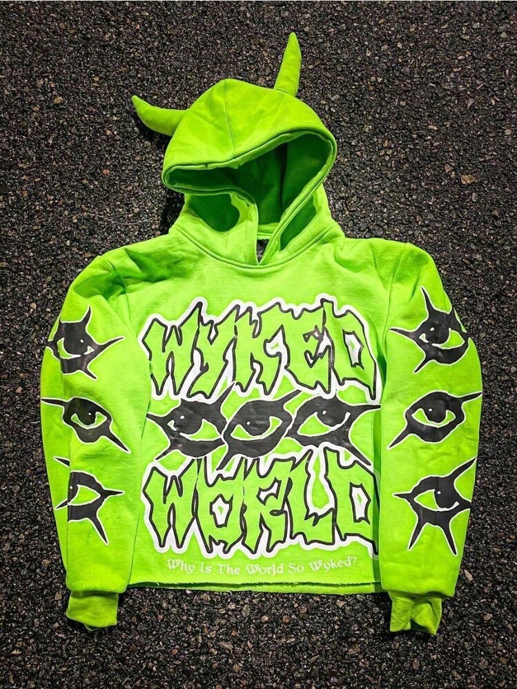 Harajuku Y2K Hoodie Casual Devil Horn Sweatshirt Streetwear Devil Corner Hoodie Unisex Loose-Fitting Street Style Pullover - 青檸色 - 查看 5
