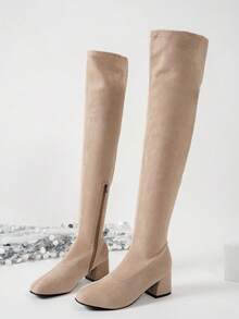 بوت طويلة فوق الركبة للخريف/الشتاء، تصميم سحاب جانبي جذاب، مناسبة للتنقل والمكتب والعطلات، خفيفة الوزن بطراز بوهيمي، مقاسات كبيرة للنساء - بيج - مشاهدة 5
