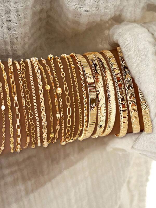 20/13pcs Fashionable, Elegant, Delicate, Retro Geometric, Heart, Round Bead, Star, Embossed, Braided, Square Chain, Braided Chain, Embossed Texture Metal Style Bracelet Set, Suitable For Holiday, Party, Date, Gift, Daily Wear