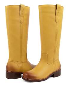 Women's Campus Knee High Boots Square Toe Riding Boots Vintage Pull On Riding Boots Wide Calf Boots Chunky Block Low Heel Motorcycle Boots - Yellow - View 5