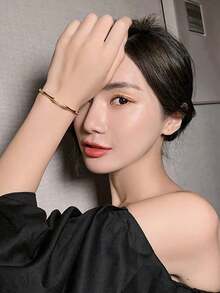 1pc Vintage Stainless Steel Bamboo Shaped Open Bracelet - vàng - Xem 5