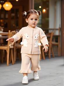 2pcs Baby Girls Cute Rabbit Bow Pattern Pink Long Sleeve Knitted Cardigan And Pink Knitted Pants Set, Comfortable And Warm, Suitable For Daily, Vacation, School, Spring, Autumn, Winter