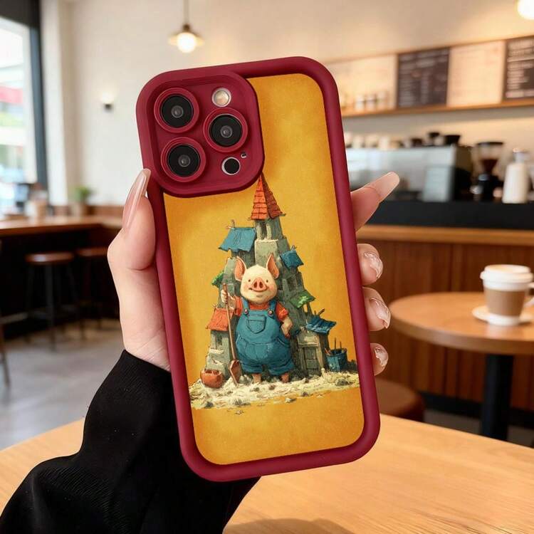 Cubierta de teléfono con borde negro y diseño amarillo con cerdo en casa de madera para uso diario en cafeterías Aplicable a los teléfonos de la serie Apple y Galaxy - Burdeos - Añade 7