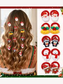 10件装圣诞发圈，女士节日发饰套装 - 圣诞老人驯鹿发圈，节日涤纶发带，女士适用，完美适用于节日派对和新年礼物