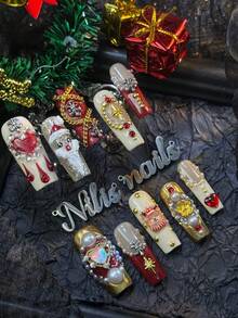 10pcs Handmade Nail AcrylicPress On Nails Long Square ChristmasNails, Red Cat's Eye&Gold Snowflake Style (Christmas) Element Theme, Handmade Santa Claus&Deer&Heart 3 D With Rhinestone Pearls&Bow And Other Nail Accessories, Acrylic Nail Supplies Are Suitable For Christmas&New Year Festivals, Daily, Gatherings,Parties, And Are Great Gifts For WomenAnd Girls,Equipped With 1 Jelly Pad And 1 Nail File - Burgundy - View 6