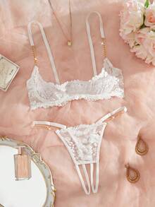 Women's Lingerie Set, Black Leopard Lace Trim With Gold Chain, 1/4 Cup Open Slit Hollow Design - White - View 4