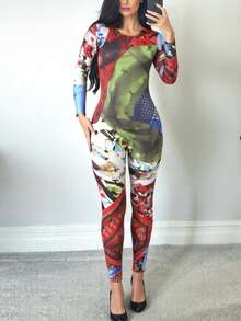 Mono estampado de manga larga y cuello redondo DOUCIU, ajustado, para eventos de discoteca - Verde - Ver 5