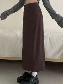 Rok Panjang Wanita Pinggang Tinggi Warna Polos Kasual dengan Belahan - Coffee Brown - View 2