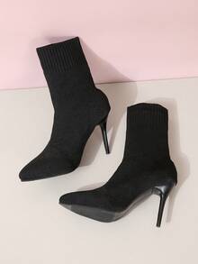 女士踝靴，黑色靴子，优雅女士靴子，女士冬靴，时尚针织尖头细高跟踝靴，百搭派对、通勤、约会女士靴子 - 黑色 - 查看 5