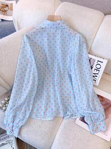 Áo thun nữ tay dài cổ tròn in họa tiết, kiểu dáng thường ngày, thích hợp cho kỳ nghỉ xuân. - Màu xanh lam - Xem 2