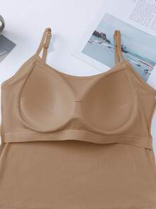 1pc Women's Solid Color Ribbed Camisole With Padded Bust, Casual Cropped Tank Top