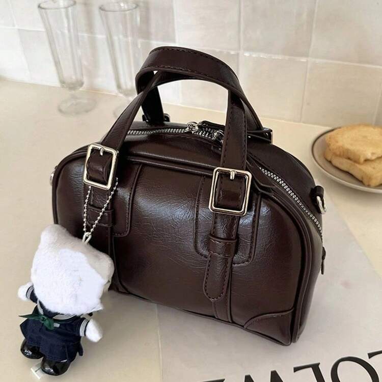 Korean Retro Bowling Bag PU Korean Chic Boston Handbag Crossbody Bag Fashion Casual Shoulder Bag - Multicolor - View 2