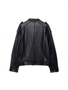 Seelio Autumn/Winter New Women's Fashion European And American Style Drop Shoulder Textured Faux Leather Jacket - Black - View 2