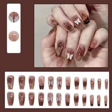 Dark Red Press On Nails French Coffin Fake Nails Tips Full Cover Butterfly Medium False Nails For Women And FFgirls 24PCS{Inchcolor_nameinch:InchNails-09inch} - 指甲-09 - 查看 6