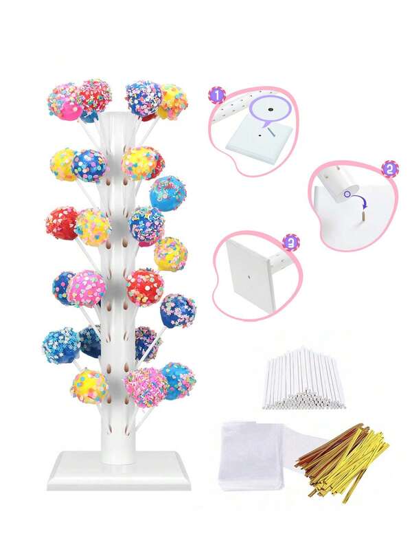 300pcs/1pc-Baby Shower Wooden Cake Lollipop Stand And Packaging , 60-Hole Candy Display Stand, 300-Piece Lollipop Packaging Accessories (Includes Sticks, Ribbons And Bags). Ideal For Sweet Decorations At Weddings, Baby Showers, Birthday Parties, New Year Celebrations And Other Festivities. Suitable For Use With Cakes, Lollipops, Hard Candies, Lollipop Sticks And Chocolates.