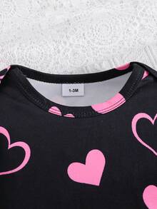 Conjunto de 3 piezas de mono para bebé recién nacido niña con estampado de cabeza de gato y corazón - Negro - Ver 3