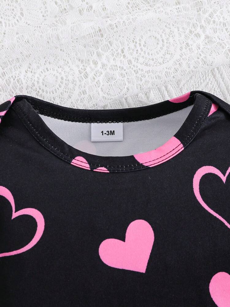 3件套新生女宝宝猫头爱心印花连体衣套装 - 黑色 - 查看 3