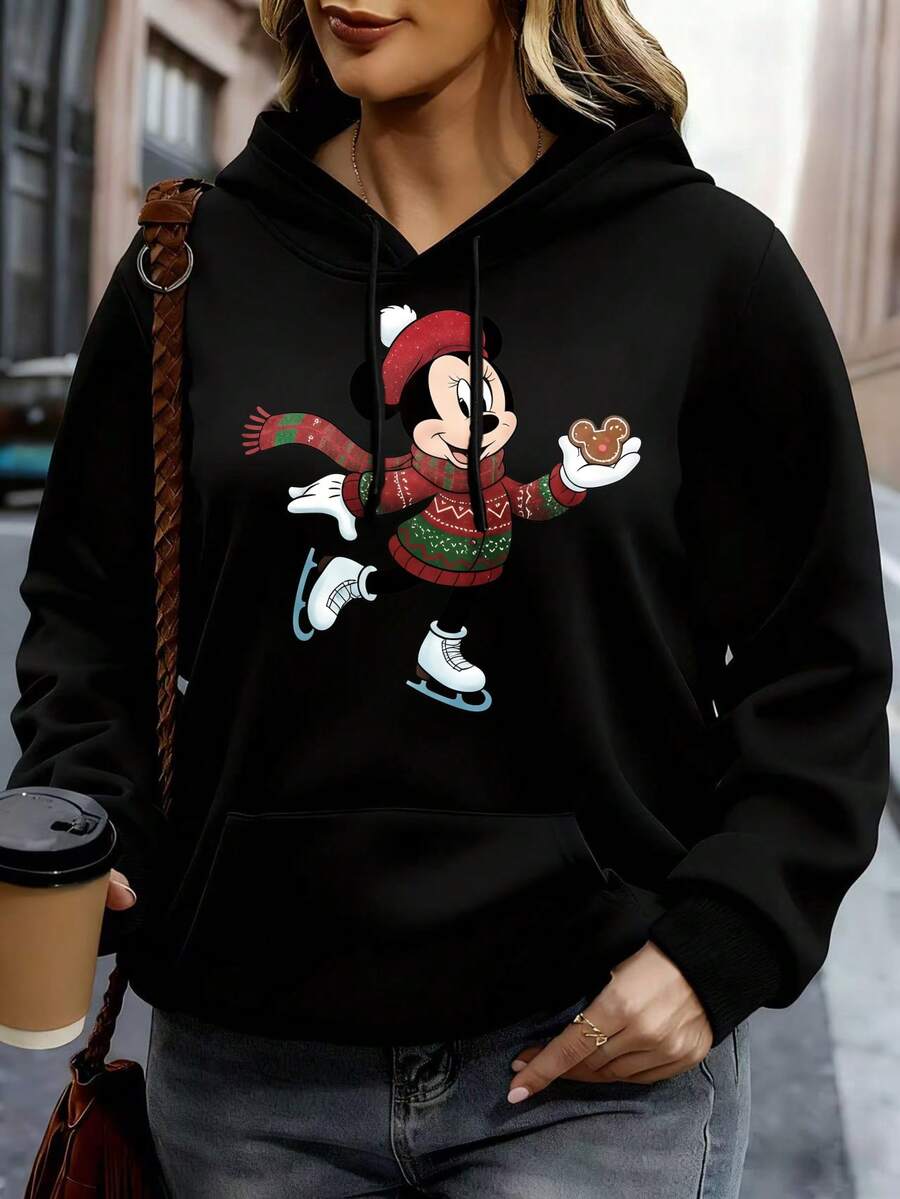 Disney Women Hoodie White Minnie Mouse Christmas Ice Skating Print Casual Winter Outfit - Black - View 1