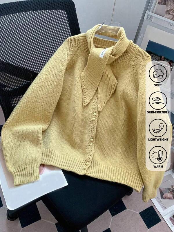 JIANHU Cardigan elegante de tricô com laço para o outono/inverno | Suéter amarelo suave para looks de Ação de Graças, Natal e festas de fim de ano