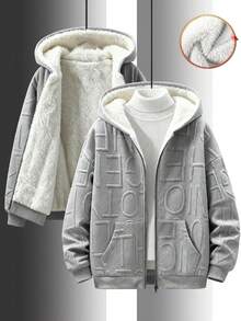 1 件青少年男孩休闲连帽夹克，美式时尚，厚重运动衫，采用大字母纹理针织面料，保暖衬里，适合秋冬保暖