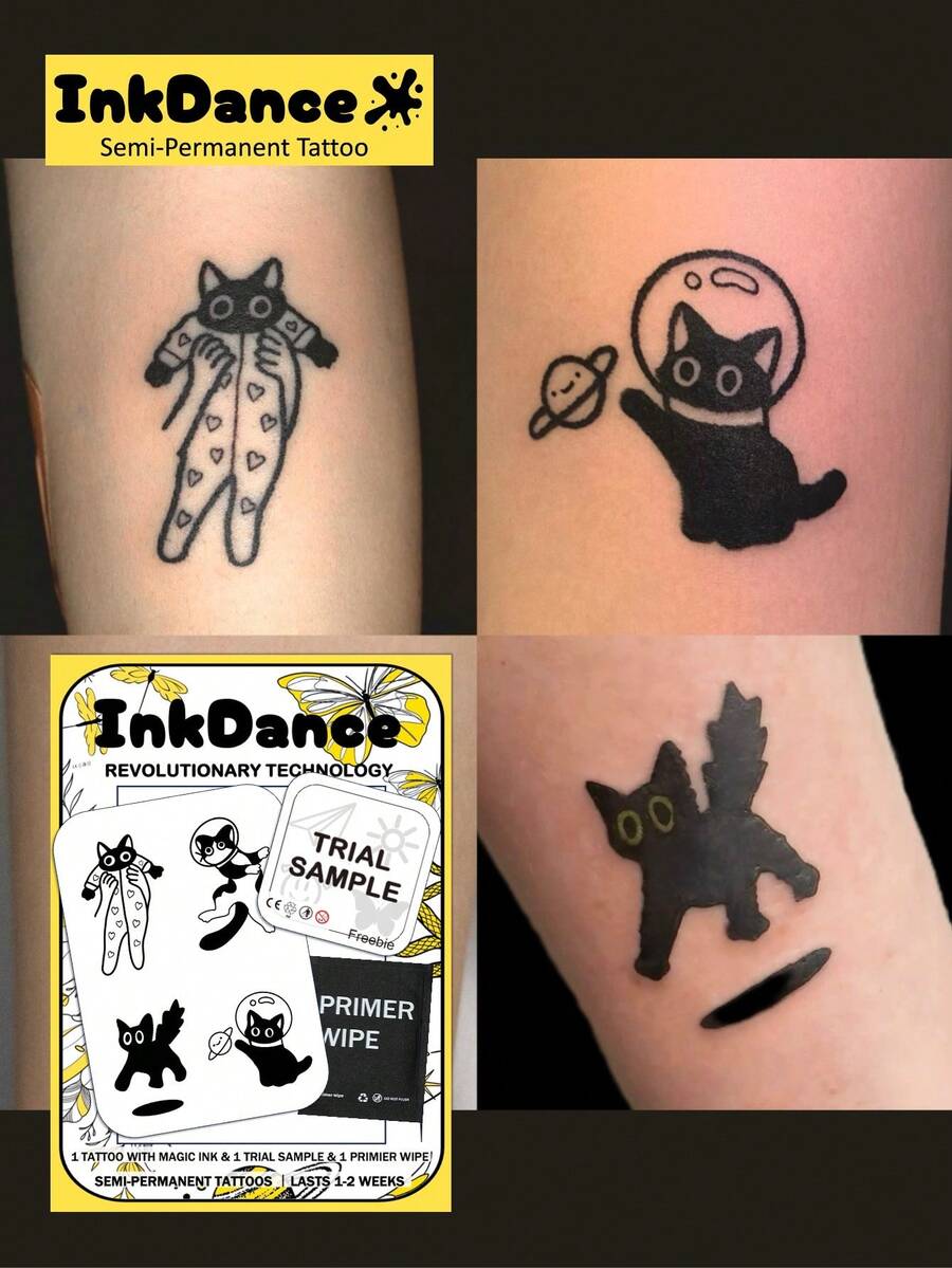 1 Set "Cute Cat" Revolutionary Technology Tattoo Stickers, Semi-Permanent Tattoos, Temporary Tattoos, Long-Lasting, Waterproof, Realistic Tattoo Effect, Plant-Based Formula, Product Number X023 - Black - View 1