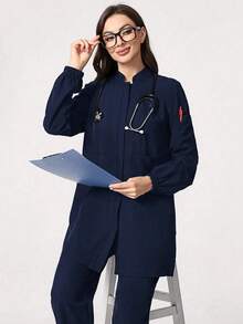Women's Round Neck Short Sleeve Front Opening Pocket Scrubs Nurse Scrubs Workwear Dentist Healthcare Pet Hospital Laboratory Coat