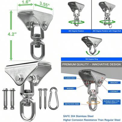 1000LB Capacity Stainless Steel Heavy Duty Bag Hanger 180° And 360° Swing With 2 Screws For Wooden And 2 Expansion Bolts For Concrete 360 Degree Rotation Punching Bag Hanger